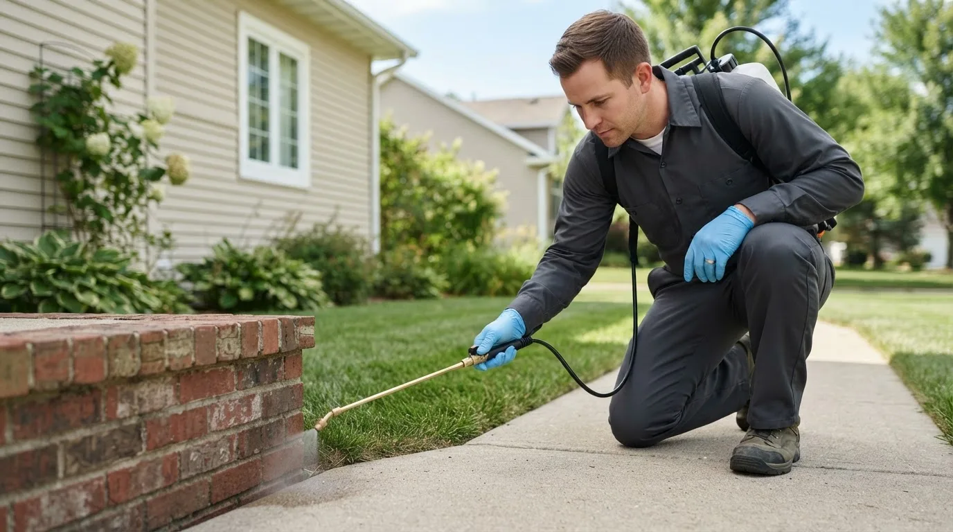 Pest control technician treating a home near Coats, KS